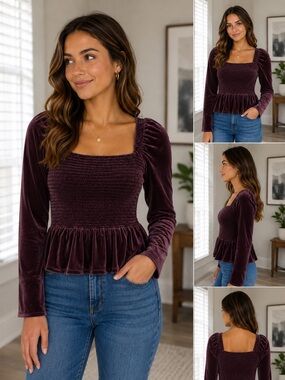 Women’s GAP Velvet Smocked Peplum Top in Deep Plum Size S Blouse
